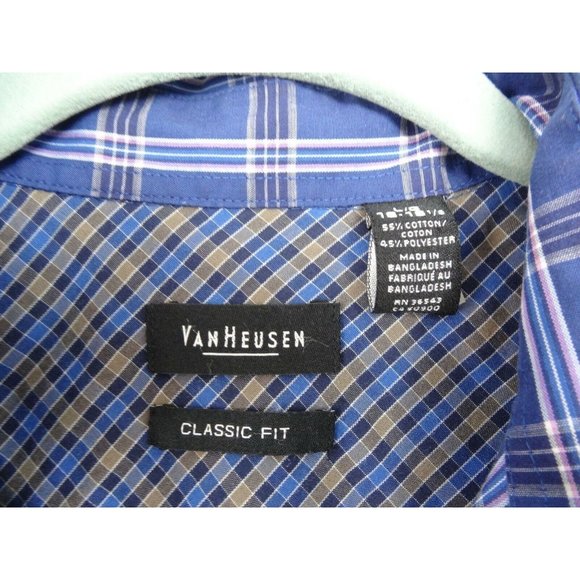 Men's Van Heusen Dress Shirt 16 1/2 Sz L Blue Plaid W/Pink Stripes Long Sleeve - Picture 3 of 6
